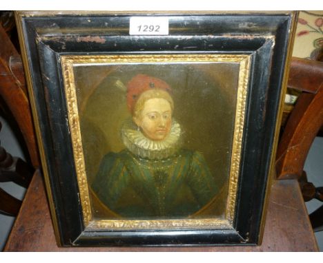 19th Century German school, oil on copper panel, half length portrait of a lady wearing 16th Century costume, 8ins x 7ins, eb