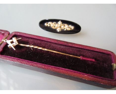 19th Century gold and split seed pearl set mourning brooch, together with a Masonic mounted stick pin in fitted box