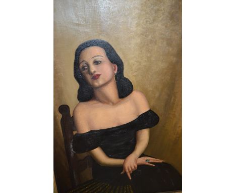 Modern British school, oil on canvas, portrait of a seated lady wearing evening dress and holding a fan, signed Galloway, dat