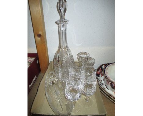 Cut glass decanter together with a quantity of various matching dishes and glasses
