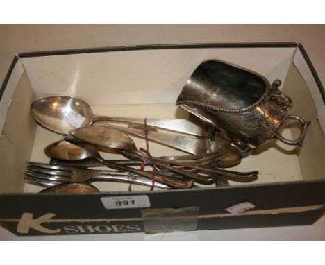 Two white metal spoons, together with a small quantity of plated flatware and a sucrier