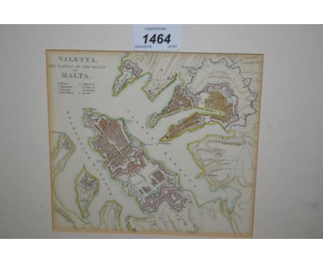 Small Hogarth framed hand coloured map of Valetta, capital of Malta together with another hand coloured 20th Century framed m