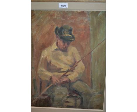Modern British school oil, portrait of a boy fishing, female nude study verso, 19ins x 15ins