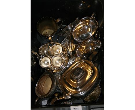 Pair of silver plated entree dishes with covers, a silver plated teapot and cream jug and miscellaneous other items of silver