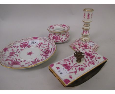 Late Meissen inkwell decorated with flowers in pink and gilt, together with a matching desk blotter and small candlestick (a/