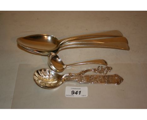 Three George III London silver Old English pattern tablespoons, two Scandinavian spoons and a small silver ladle