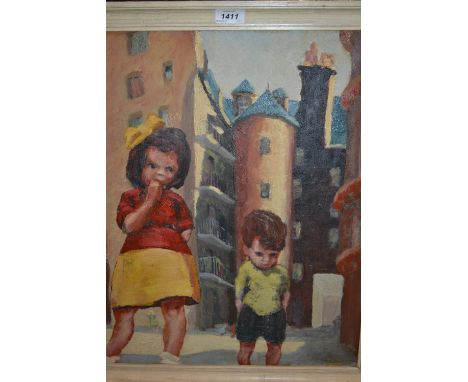 Tom Hyde, signed oil, portrait of two children in a street, dated 1954, 20ins x 17ins