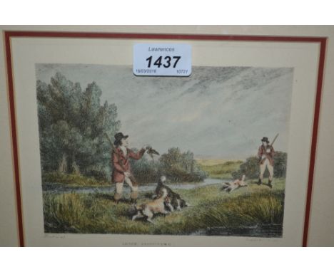 Set of six framed modern hunting prints, duck shooting etc, three hand coloured book engravings and two other framed prints