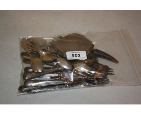 Set of six Sheffield silver coffee spoons, together with a silver compact with engine turned decoration and a small quantity 