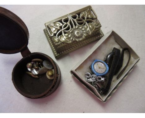 Ladies enamel decorated fob watch by Bucherer, together with two other ladies wristwatches, quantity of studs and a stamp box