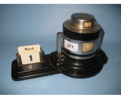 Art Deco black Japanned and chrome desk calendar, barometer and thermometer