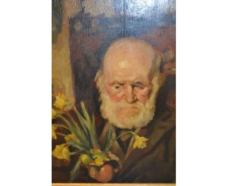 Double sided oil on board, portrait of a gentleman with daffodils and portrait of a 17th Century gentleman verso, 21.5ins x 1