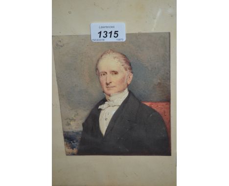 19th Century watercolour, head and shoulder portrait of a gentleman in a white bow tie, 6ins x 5ins, gilt framed