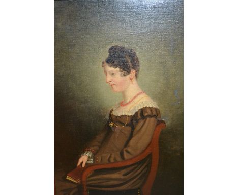 19th Century oil on canvas, portrait of a seated lady wearing a coral necklace and holding a book, 18ins x 13ins, gilt framed