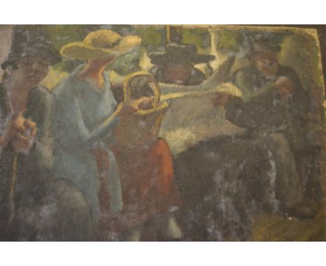 Harold Hope Read,, oil on unstretched canvas, figures seated on a park bench, 12ins x 17ins, together with an oil on board, s