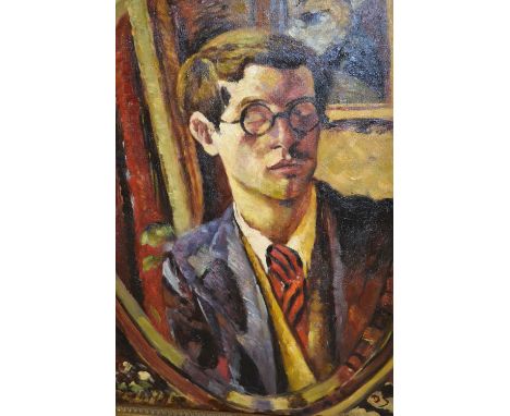 20th Century oil on canvas board, head and shoulder portrait of a young man in Bloomsbury style, inscribed verso, gilt framed