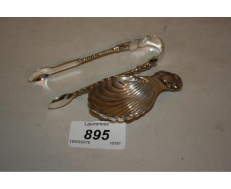 Birmingham silver caddy spoon with shell form bowl and matching handle, makers mark A.M. and Co. together with a pair of Vict