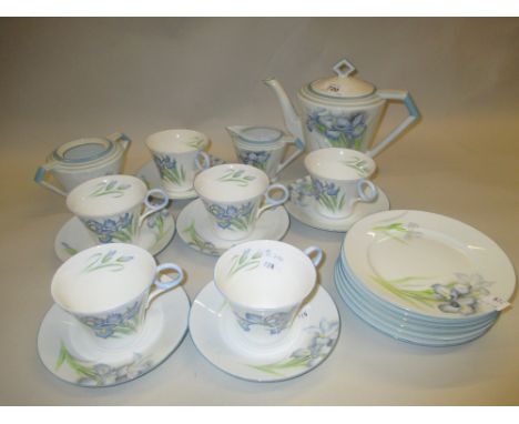 Shelley Blue Iris pattern six place setting tea service of Art Deco design