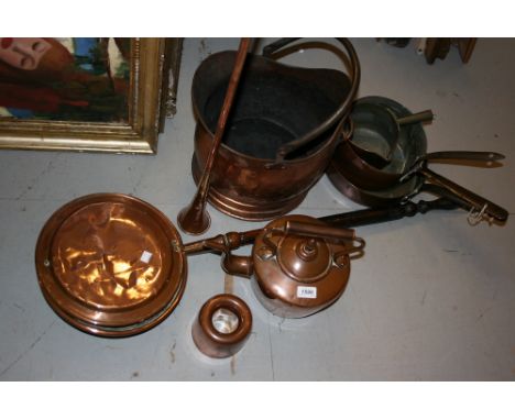 19th Century copper kettle, warming pan, four saucepans, a jelly mould, a coaching horn, a coal scuttle and warming pan