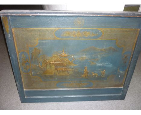 Pair of blue lacquered chinoiserie decorated panels together with a pair of pleated lamp shades