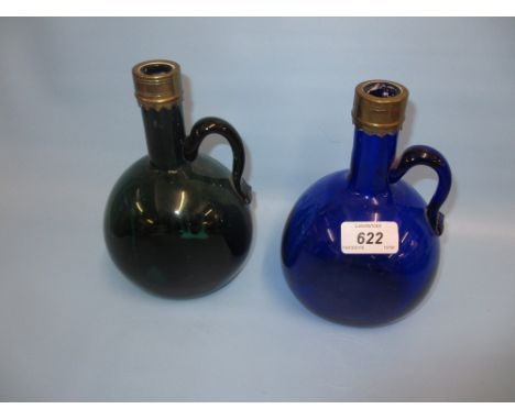 19th Century Bristol blue glass decanter with brass collar together with a similar green glass decanter