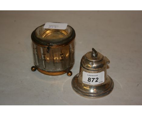 Silver inkwell in the form of a bell together with a gilt metal mounted glass trinket box