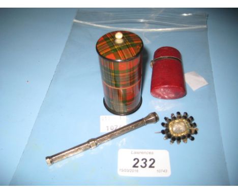 19th Century tartan ware string box, inscribed McLean, a 19th Century leather cased travel inkwell, a Mordan and Co. pencil a