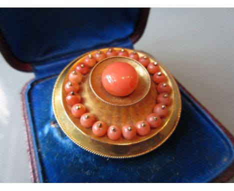 Victorian circular gold coral set brooch with portrait inset back housed in original red leather box