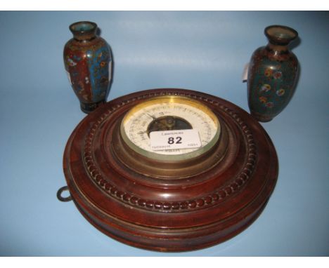 Circular wooden cased aneroid barometer together with two Japanese cloisonne vases (a/f)