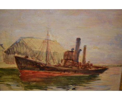Two oils, steam vessel by a quayside, signed J. Hodru and Dutch quayside scene, signed R. Van Malder