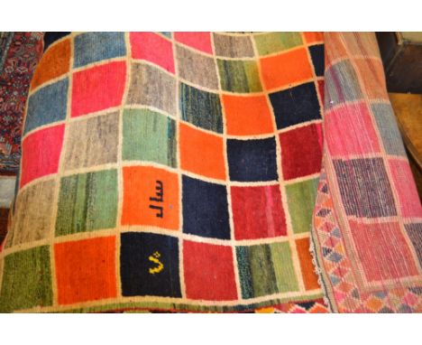 Modern Gabbeh rug with multiple square tile pattern design and border, approximately 6ft x 3ft 6ins