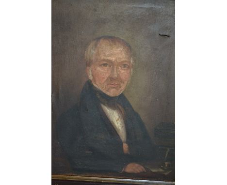 19th Century naive style oil on canvas, half length portrait of a gentleman (some history verso), 12ins x 10ins