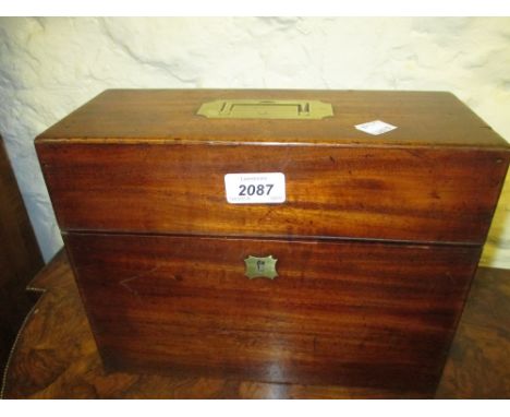 19th Century mahogany brass mounted three division decanter box (lacking bottles)