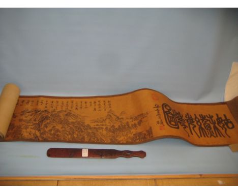 Chinese scroll picture, 4.5m long together with an oriental carved wooden page turner