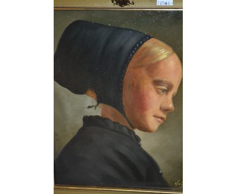 20th Century oil on canvas, head and shoulder portrait of a girl wearing a black headdress, signed Corty, 12ins x 9ins