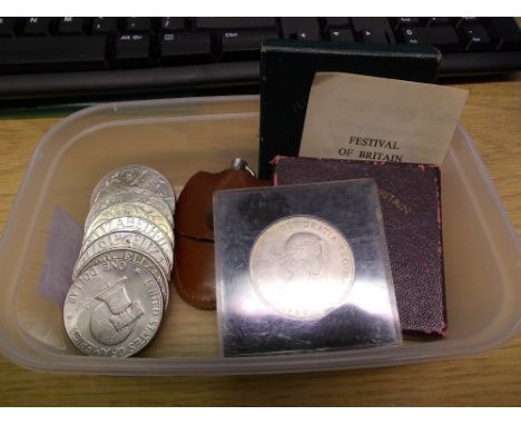 Victorian crown, 1887, two Festival of Britain coins, a United States one dollar coin 1976 and seven various modern commemora