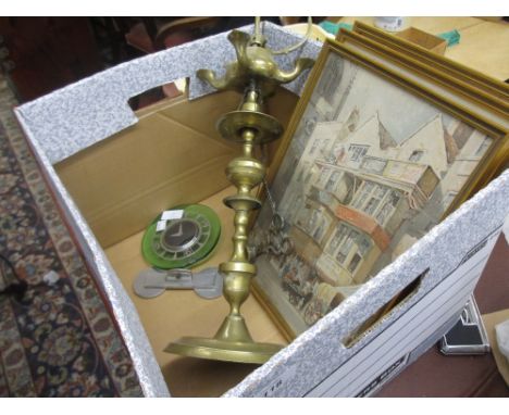 Art Deco green glass and chrome mantel clock (a/f), brass oil lamp and three framed prints