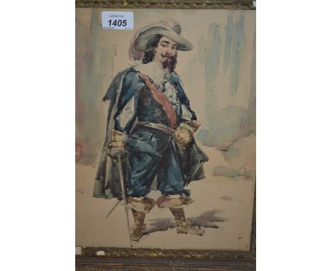 Gilt framed watercolour, portrait of a 17th Century gentleman with a sword, indistinctly signed, 13ins x 11ins