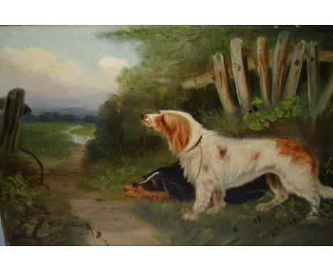 Attributed to William Woodhouse, unframed oil on canvas, portrait of two dogs in a landscape, 11ins x 16ins