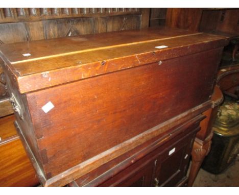 19th Century oak trunk together with a reproduction cheval mirror and a circular white painted two tier table and a four draw