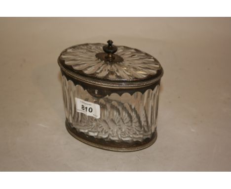 George III oval white metal mounted faceted glass tea caddy, makers mark I.P. (cover a/f)
