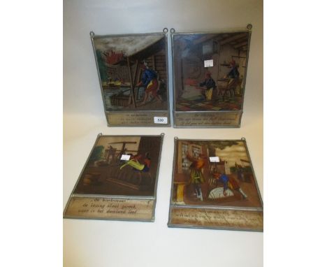 Group of four leaded painted glass panels of tradesmen, together with a Royal Stafford rose decorated tea service