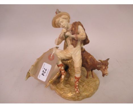 Royal Worcester blush ivory and gilt decorated figure of a goatherd playing a pipe (slight damage and restoration)