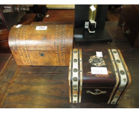 Victorian mahogany brass mounted tea caddy together with a 19th Century dome topped two division tea caddy (a/f)
