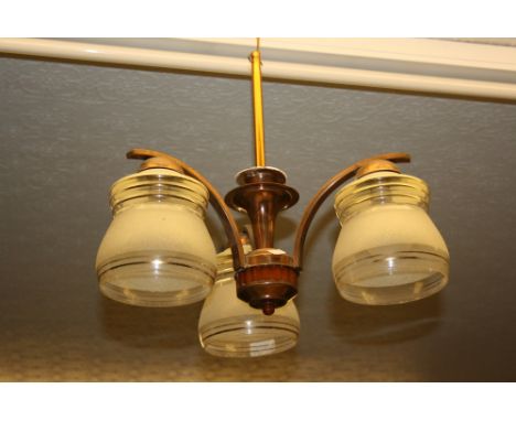 1930's Copper three branch hanging light fitting, a French chrome table lamp, copper jardiniere and a brass blow torch