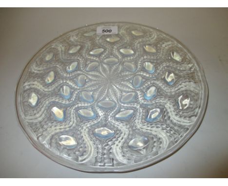 R. Lalique circular iridiscent glass dish in Plumes de Payon pattern, 10.5ins diameter