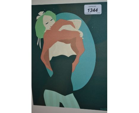 Pair of coloured silk screen prints after Costa of girls dressing together with a watercolour, signed Jackie Oldham and a cra