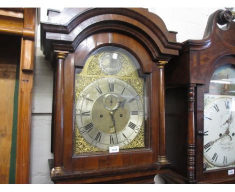 18th Century walnut longcase clock, the arched hood above a crossbanded arched door and a plinth base (reduced and extended w