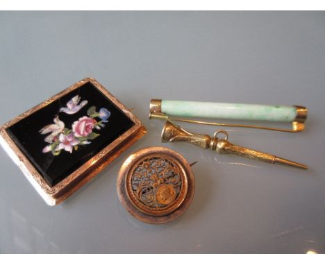 19th Century French gold watch key, a rectangular pietra dura brooch (a/f), a gold mounted jade brooch and a circular pierced