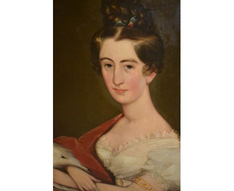 19th Century oil on canvas, half length portrait of a lady wearing a lace trimmed dress and holding an ermine robe, 29ins x 2